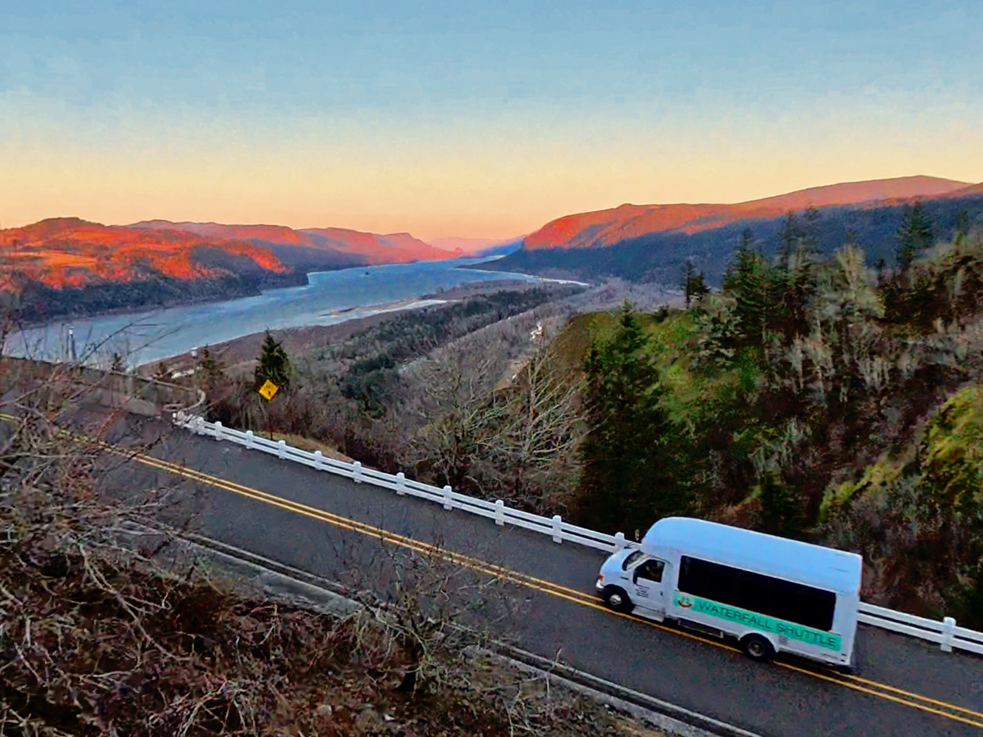 The Waterfall Shuttle on the Historic Columbia River Highway at sunset